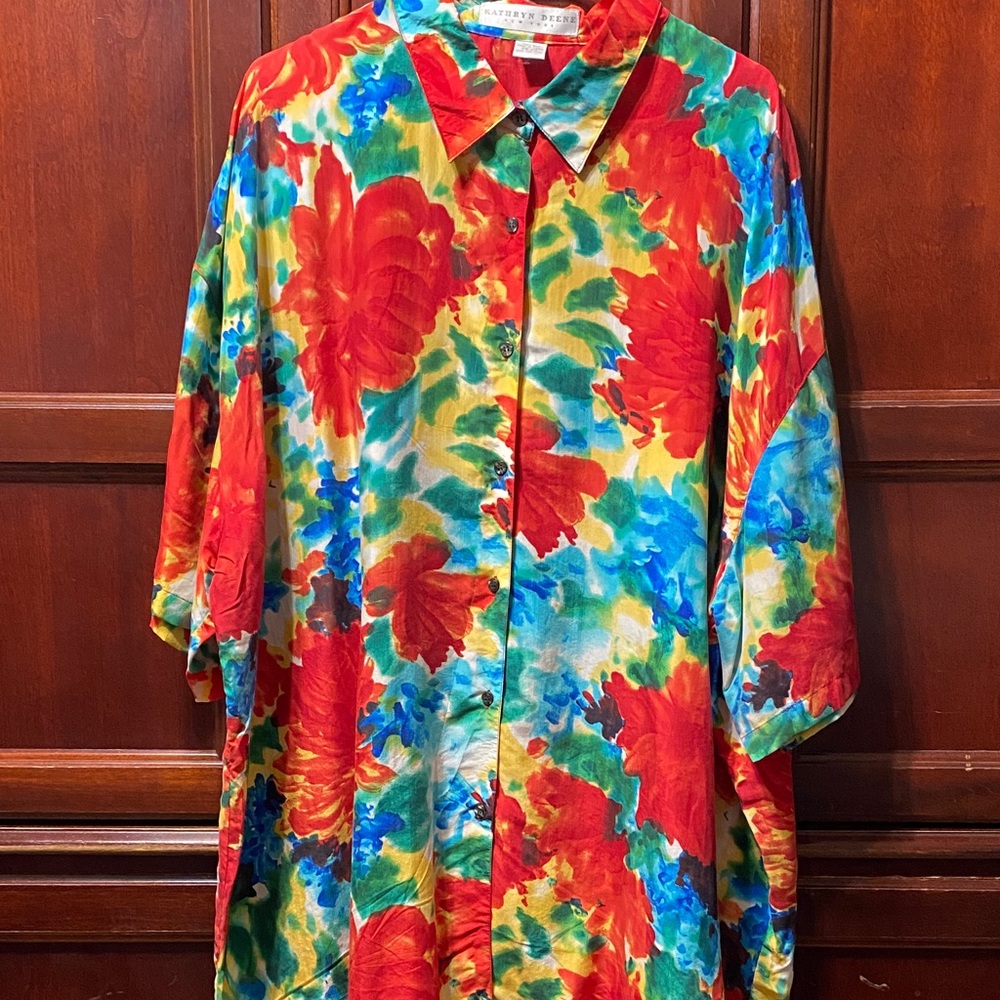Floral Button-Up Blouse - Red, Blue, Green